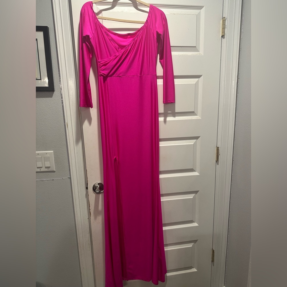 Neon Pink Solid Off Shoulder Split Thigh Dress